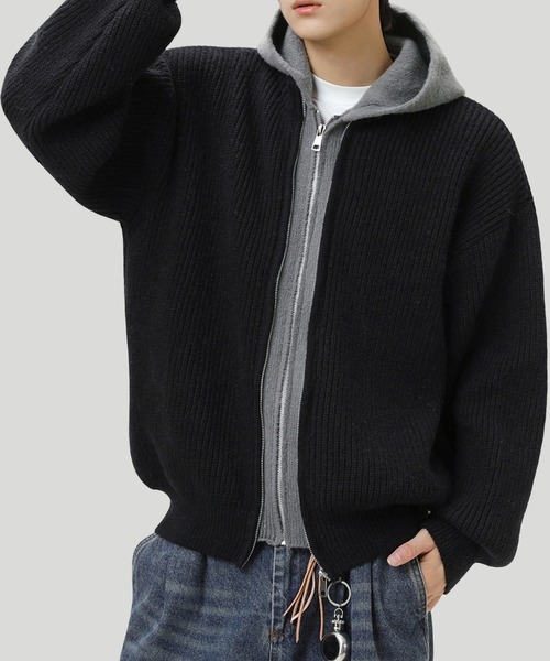 TOBEE（トゥビー）の「【TOBEE】ダブルジップ ニット パーカー/ レイヤード フーディー 長袖（パーカー・メンズ・ダークグレー/ブラック・X-LARGE/LARGE/MEDIUM）」の12枚目の写真