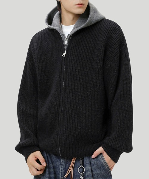 TOBEE（トゥビー）の「【TOBEE】ダブルジップ ニット パーカー/ レイヤード フーディー 長袖（パーカー・メンズ・ダークグレー/ブラック・X-LARGE/LARGE/MEDIUM）」の13枚目の写真