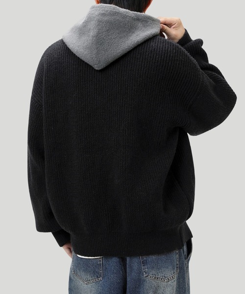 TOBEE（トゥビー）の「【TOBEE】ダブルジップ ニット パーカー/ レイヤード フーディー 長袖（パーカー・メンズ・ダークグレー/ブラック・X-LARGE/LARGE/MEDIUM）」の15枚目の写真