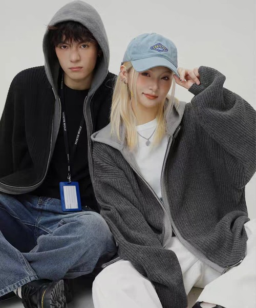 TOBEE（トゥビー）の「【TOBEE】ダブルジップ ニット パーカー/ レイヤード フーディー 長袖（パーカー・メンズ・ダークグレー/ブラック・X-LARGE/LARGE/MEDIUM）」の21枚目の写真