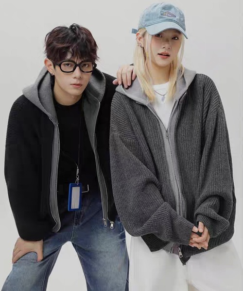 TOBEE（トゥビー）の「【TOBEE】ダブルジップ ニット パーカー/ レイヤード フーディー 長袖（パーカー・メンズ・ダークグレー/ブラック・X-LARGE/LARGE/MEDIUM）」の22枚目の写真