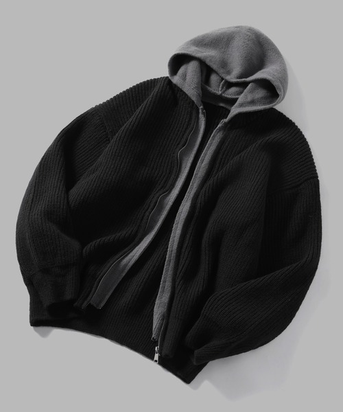 TOBEE（トゥビー）の「【TOBEE】ダブルジップ ニット パーカー/ レイヤード フーディー 長袖（パーカー・メンズ・ダークグレー/ブラック・X-LARGE/LARGE/MEDIUM）」の16枚目の写真