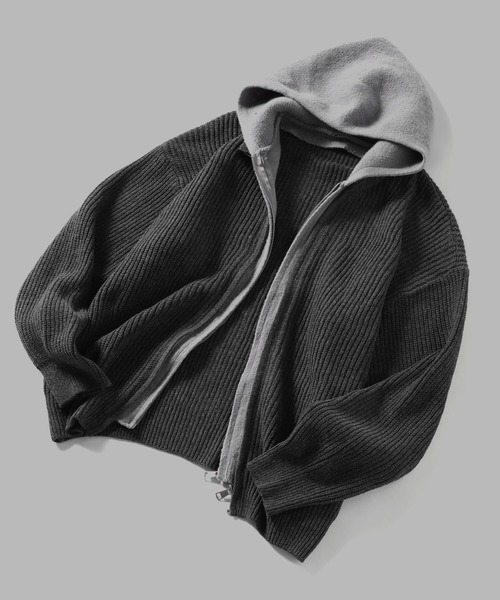 TOBEE（トゥビー）の「【TOBEE】ダブルジップ ニット パーカー/ レイヤード フーディー 長袖（パーカー・メンズ・ダークグレー/ブラック・X-LARGE/LARGE/MEDIUM）」の18枚目の写真