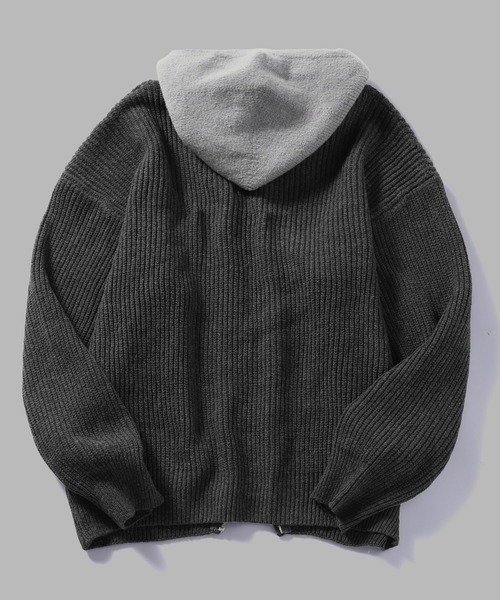 TOBEE（トゥビー）の「【TOBEE】ダブルジップ ニット パーカー/ レイヤード フーディー 長袖（パーカー・メンズ・ダークグレー/ブラック・X-LARGE/LARGE/MEDIUM）」の19枚目の写真
