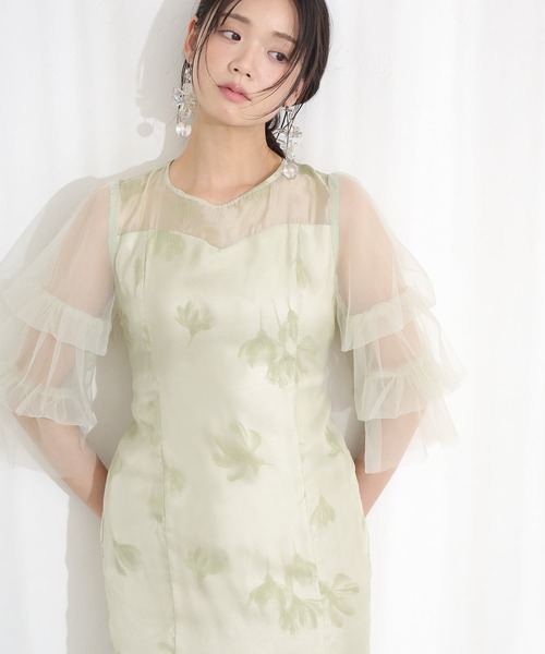セール】フリルスリーブ シアー フラワー チュールパーティードレス