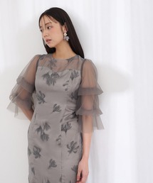 フリルスリーブ シアーフラワー チュール パーティー ドレス セレモニー ミモレ丈&七分袖 結婚式 二次会 フォーマル オケージョンドレス 同窓会 成人式 お呼ばれ 謝恩会 20代 30代