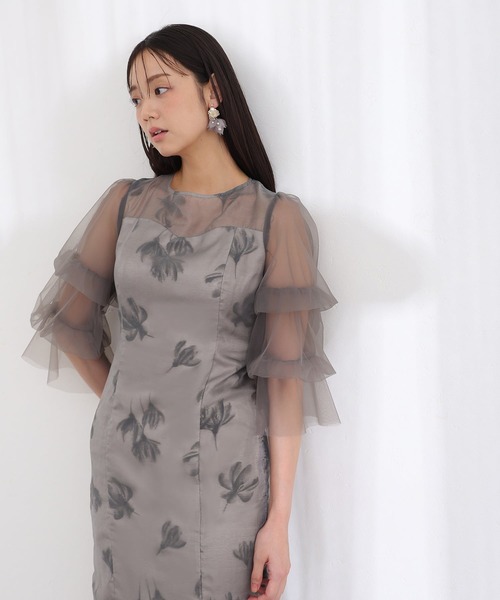セール】フリルスリーブ シアー フラワー チュールパーティードレス