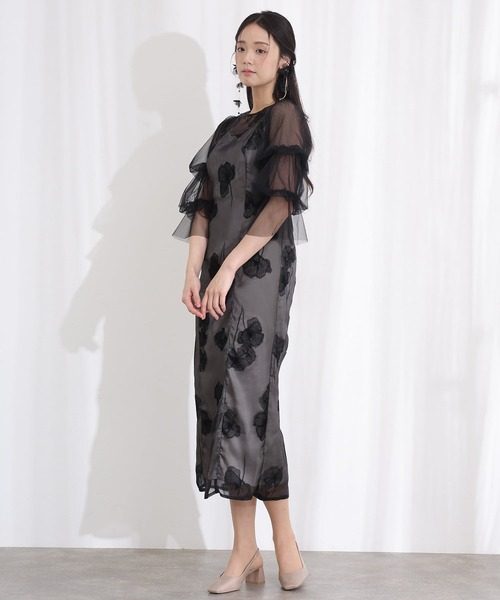 プールヴー M ドレス フリルスリーブ 結婚式 お呼ばれ 披露宴 オケージョン セール】フリルスリーブ シアー フラワー チュールパーティードレス