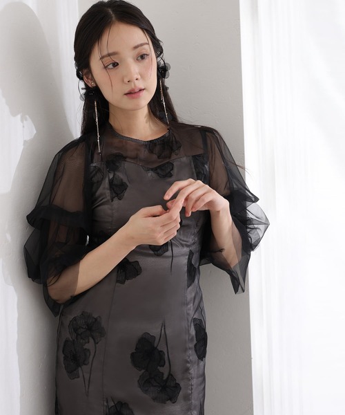 フリルスリーブ シアー フラワー チュールパーティードレスセレモニー