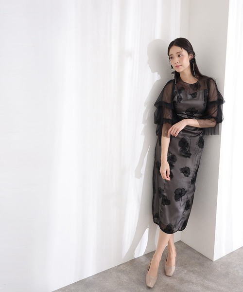 セール】フリルスリーブ シアー フラワー チュールパーティードレス