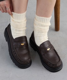 トラックソールスクエアトゥ ギャザーコインローファーダークブラウン