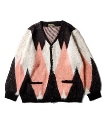モヘアタッチニットカーディガン モヘア調ニット チェッカー柄 チェック柄 XL セール カーディガン メンズ トップス ニット モヘアタッチ