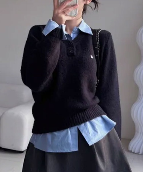 セール】ポロ襟 シャツドッキング ニットプルオーバー（ニット