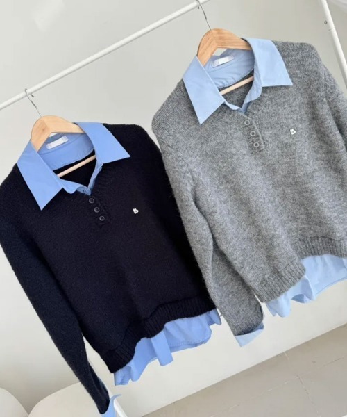 ポロ襟 シャツドッキング ニットプルオーバー（ニット/セーター