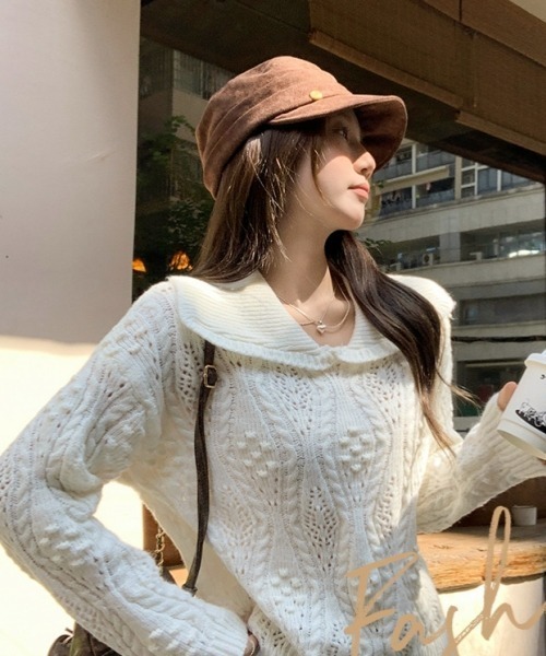gossip!ロサンゼルス(ゴシップロサンゼルス)の「【Y2Kガーリー】レトロ透かし編みニットセーター(秋冬新作)(ニット/セーター・レディース・ライトブルー/オフホワイト・FREE)」の10枚目の写真