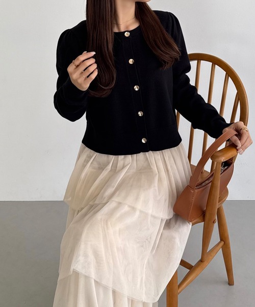 callautia（カラウティア）の「金ボタンコットンショートニットカーディガン（カーディガン/ボレロ・レディース・ブラック/オフホワイト/チャコール・MEDIUM/LARGE）」の6枚目の写真