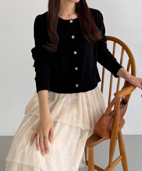 callautia（カラウティア）の「金ボタンコットンショートニットカーディガン（カーディガン/ボレロ・レディース・ブラック/オフホワイト/チャコール・MEDIUM/LARGE）」の7枚目の写真