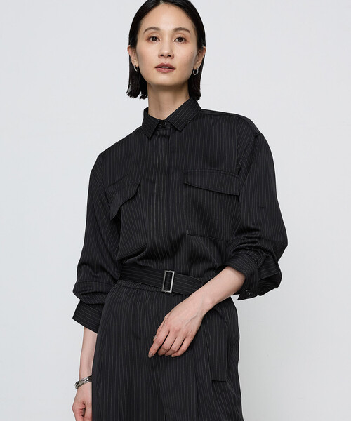 COMME CA（コムサ）の「〔 TALLサイズ 〕【ブライトリーセットアップ】サテンストライプ・無地 シャツジャケット（ブルゾン・レディース・ブラック系その他/グレー系その他・13号/15号）」の11枚目の写真