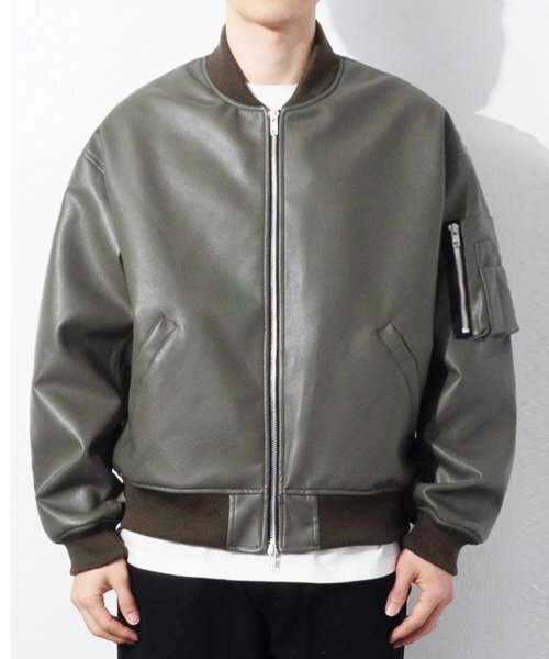 GB Synthetic Leather MA-1 Jacket (Khaki)（ライダースジャケット 