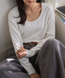 [ M L XL 選べるサイズ ] [ 裏微起毛 ] 深Uネック細リブ長袖Tシャツ