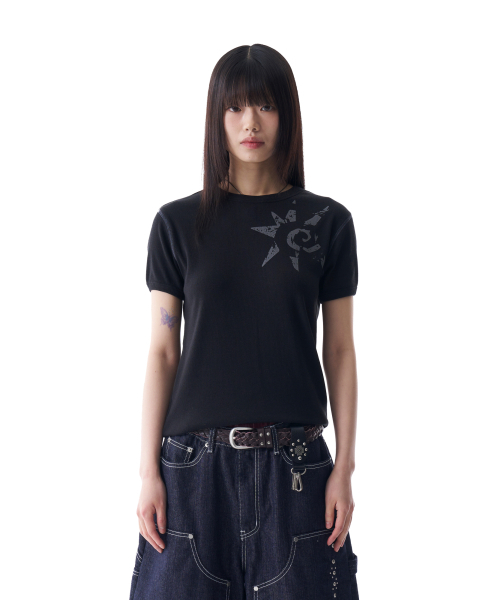 AAKAM(アーカム)の「Ribbed Star Ringer Top (Black)(Tシャツ/カットソー・レディース・その他・2/1)」の1枚目の写真