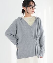Vネックフードカシュクールニットプルオーバー