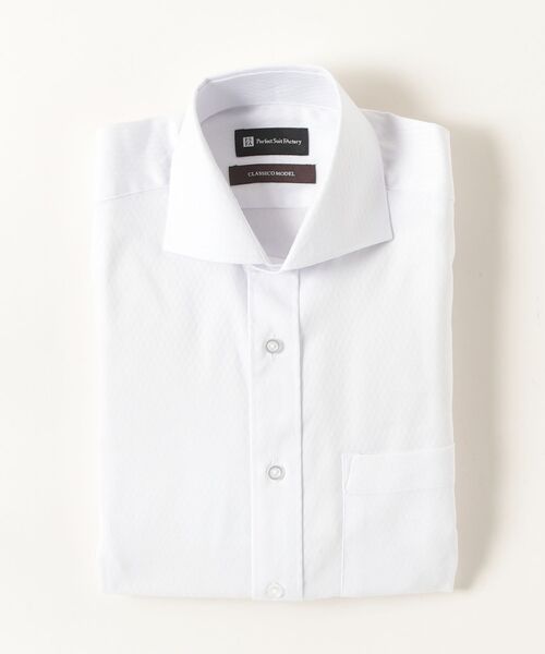 Perfect Suit FActory(パーフェクトスーツファクトリー)の「【形態安定】長袖ワイシャツ【クラシコ】カッタウェイカラー ドビー柄 ホワイト(ビジネスシャツ・メンズ・ホワイト・LL/L/M/S/3L)」の1枚目の写真