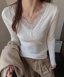 yuue' ( wear ) | Vネックレース付きリブロングTシャツ(Tシャツ/カットソー)