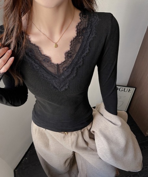 yuue' ( wear )(ユーイ)の「Vネックレース付きリブロングTシャツ(Tシャツ/カットソー・レディース・ホワイト/ブラック・FREE)」の8枚目の写真