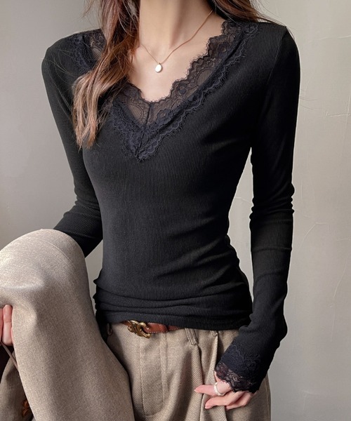 yuue' ( wear )(ユーイ)の「Vネックレース付きリブロングTシャツ(Tシャツ/カットソー・レディース・ホワイト/ブラック・FREE)」の7枚目の写真