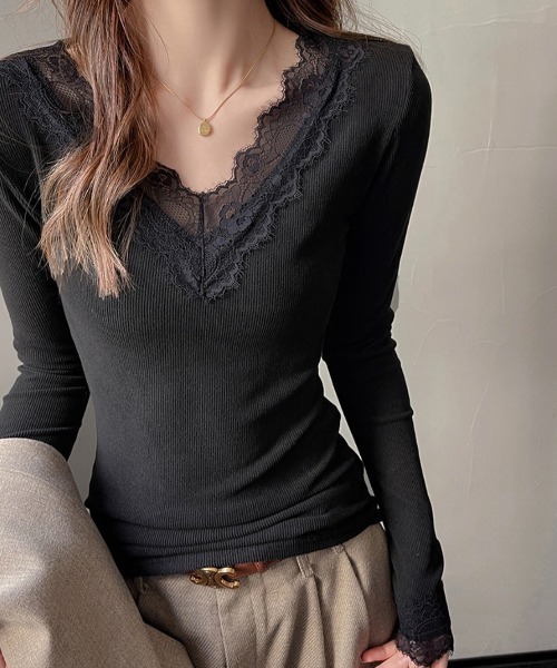 yuue' ( wear )(ユーイ)の「Vネックレース付きリブロングTシャツ(Tシャツ/カットソー・レディース・ホワイト/ブラック・FREE)」の5枚目の写真