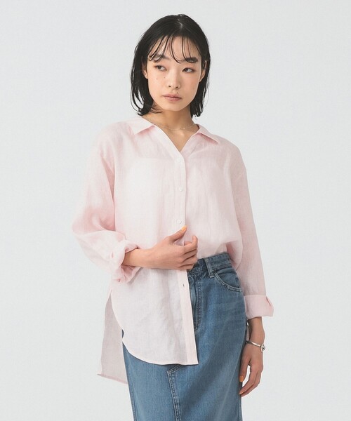 Ray BEAMS（レイビームス）の「【7/31再値下げ】リネン スキッパー シャツ     26SS  日除け 紫外線対策 冷房対策 洗える 夏コーデ レジャー 麻（シャツ/ブラウス・レディース・サックスブルー/ダークブラウン/ピンク・ONE SIZE）」の3枚目の写真