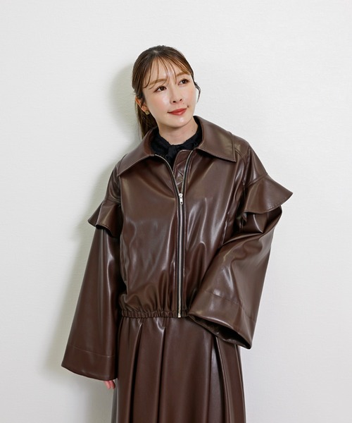 CHhdmn(シーエイチヒデモン)の「フリルスリーブ フェイクレザージャケット レディース ステンカラー ブルゾン ライトアウター(ブルゾン・レディース・ブラック/ブラウン・M/L)」の9枚目の写真