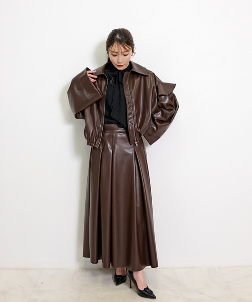 CHhdmn(シーエイチヒデモン)の「フリルスリーブ フェイクレザージャケット レディース ステンカラー ブルゾン ライトアウター(ブルゾン・レディース・ブラック/ブラウン・M/L)」の16枚目の写真