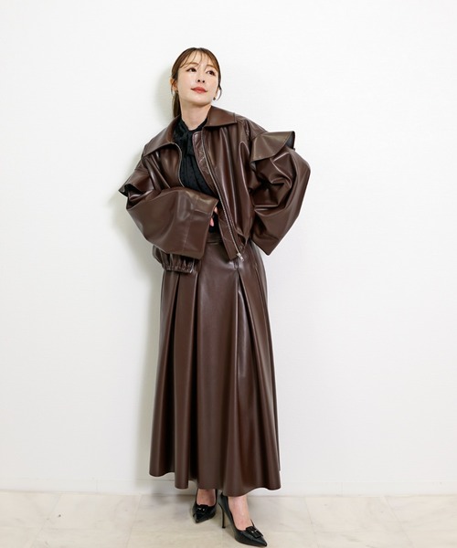 CHhdmn(シーエイチヒデモン)の「フリルスリーブ フェイクレザージャケット レディース ステンカラー ブルゾン ライトアウター(ブルゾン・レディース・ブラック/ブラウン・M/L)」の17枚目の写真