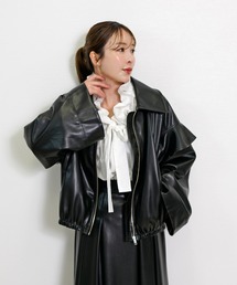 CHhdmn（シーエイチヒデモン）の「フリルスリーブ フェイクレザージャケット レディース ステンカラー ブルゾン ライトアウター（ブルゾン）」