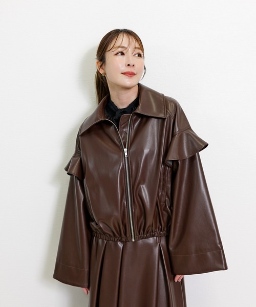 CHhdmn(シーエイチヒデモン)の「フリルスリーブ フェイクレザージャケット レディース ステンカラー ブルゾン ライトアウター(ブルゾン・レディース・ブラック/ブラウン・M/L)」の12枚目の写真