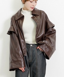 CHhdmn（シーエイチヒデモン）の「フリルスリーブ フェイクレザージャケット レディース ステンカラー ブルゾン ライトアウター（ブルゾン）」