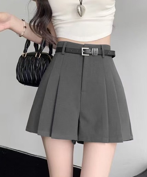 Miniministore（ミニミニストア）の「ベルト付プリーツショートパンツレディースショーパン短パンショートパンツ ショーパン 短パン ハーフパンツ クロップド（その他パンツ・レディース・グレー/ブラック・L/S/M）」の3枚目の写真