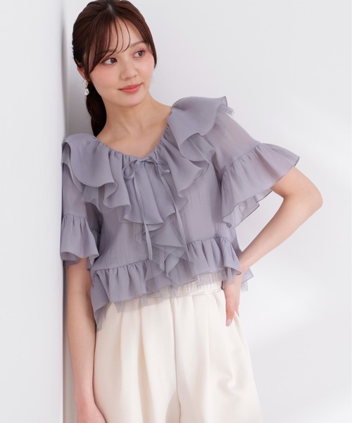 PROPORTION BODY DRESSING(プロポーションボディドレッシング)の「チュール付きラッフルブラウス / 1216110401(シャツ/ブラウス・レディース・グレー/ホワイト系その他/ピンク・FREE)」の3枚目の写真