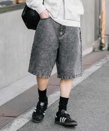 ケミカルウォッシュ オーバーダイ ワイドデニムハーフショートパンツ