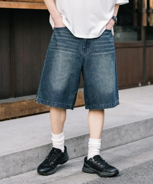 Rocky Monroe(ロッキーモンロー)の「ケミカルウォッシュ オーバーダイ ワイドデニムハーフショートパンツ(デニムパンツ・メンズ・ライトブラック/インディゴブルー/ケミカルウォッシュ/ブラック/ワンウォッシュ・M/XL/L)」の21枚目の写真