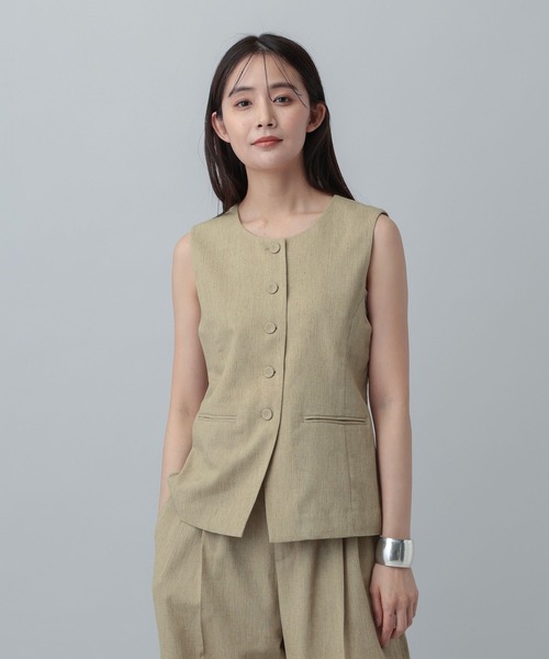 GLOBAL WORK（グローバルワーク）の「MATINEE LINE/リネンライク/ジレ/646657（ベスト・レディース・ベージュ/チェック/ブラウン系その他・MEDIUM/LARGE）」の14枚目の写真