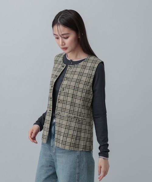 GLOBAL WORK（グローバルワーク）の「MATINEE LINE/リネンライク/ジレ/646657（ベスト・レディース・ベージュ/チェック/ブラウン系その他・MEDIUM/LARGE）」の19枚目の写真