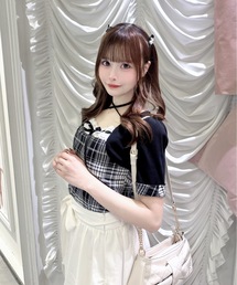 半袖チェック×ボレロ風トップス