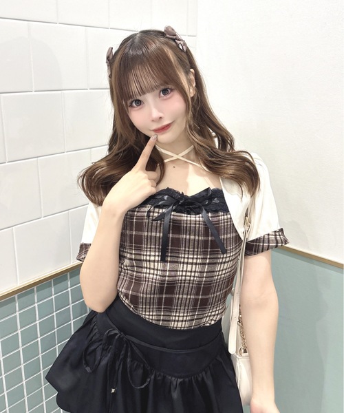 one way(ワンウェイ)の「半袖チェック×ボレロ風トップス(Tシャツ/カットソー・レディース・グレー系その他/ブラウン系その他/ブラック系その他/ホワイト系その他・FREE)」の4枚目の写真