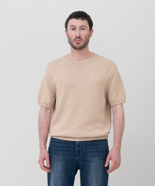 UPW ウォッシャブルコットンラウンド半袖ニットライトベージュ（ニット