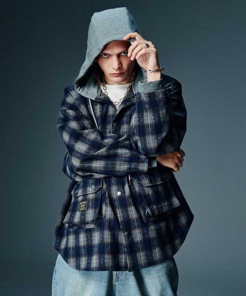 glamb(グラム)の「4XL Hoodie Shirt / 4XLフーディーシャツ(シャツ/ブラウス・メンズ・ブラウン/ネイビー・FREE)」の1枚目の写真