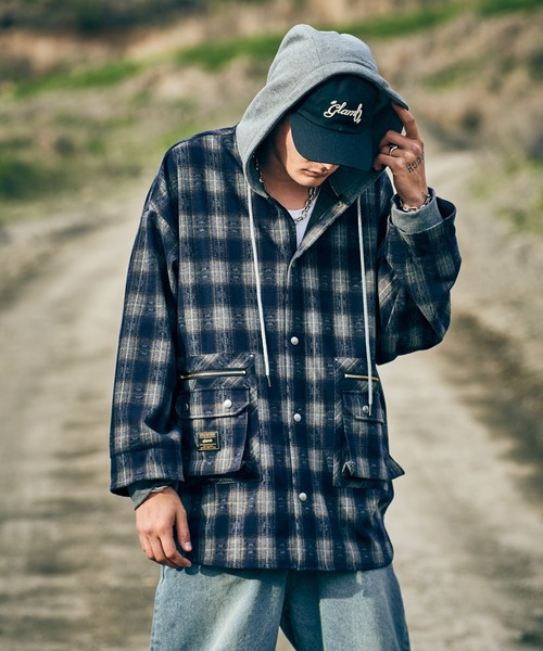 glamb(グラム)の「4XL Hoodie Shirt / 4XLフーディーシャツ(シャツ/ブラウス・メンズ・ブラウン/ネイビー・FREE)」の9枚目の写真