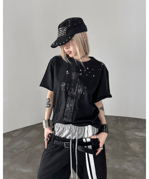 ROARINGRAD(ロアリングラド)の「W.クロスダメージスラブTシャツブラック(Tシャツ/カットソー・レディース・その他・MEDIUM/LARGE)」の1枚目の写真